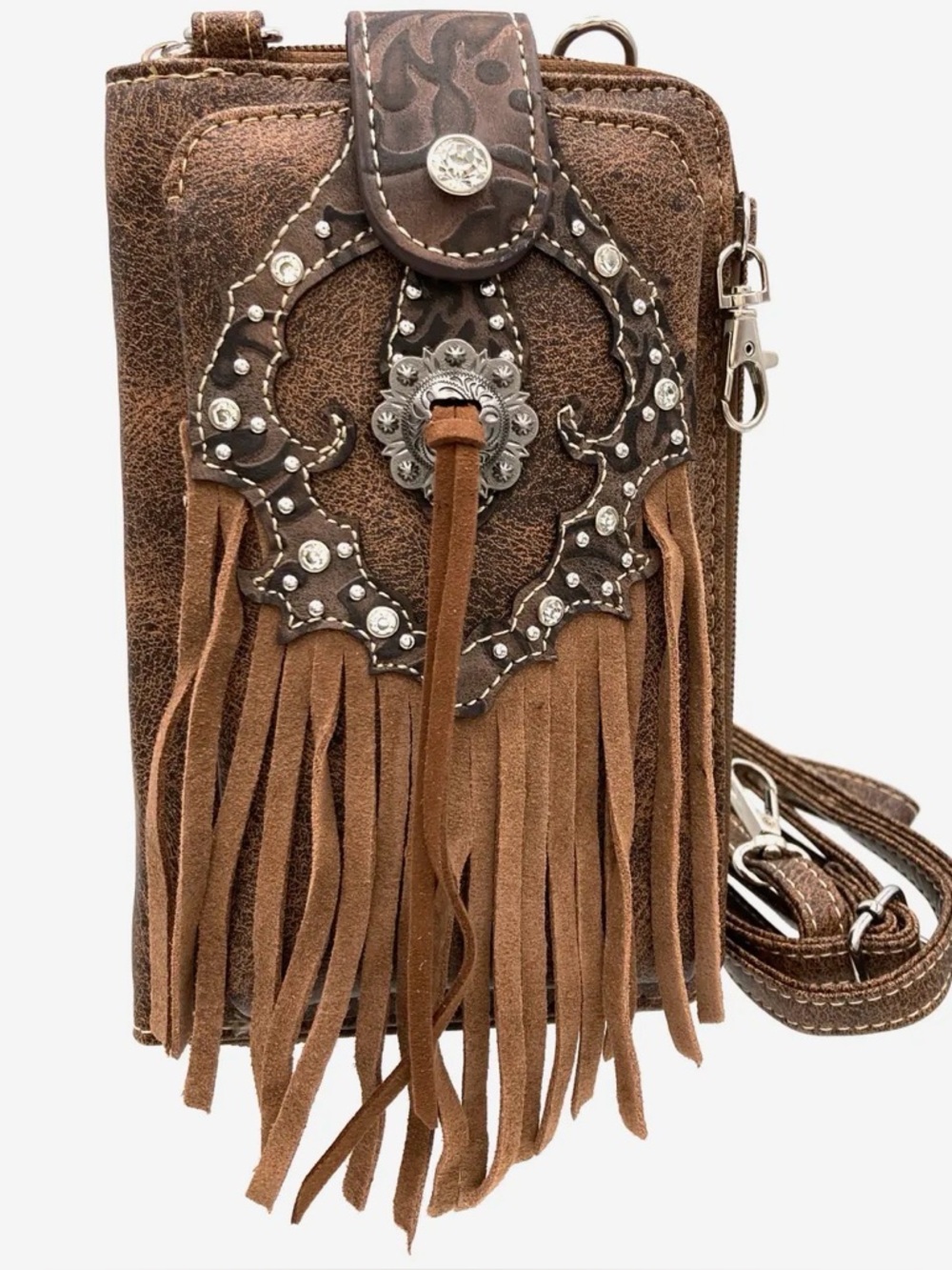 Western Fringe Crossbody Phone Bag - Brown